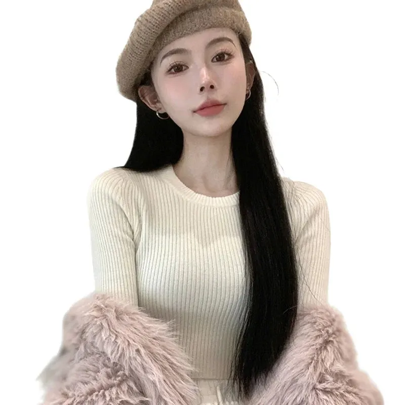 Znbbw Women's Sweater Base Sweater Versatile Round Neck Knit Sweater Slim Fitting Short Top Sweater - Image 8