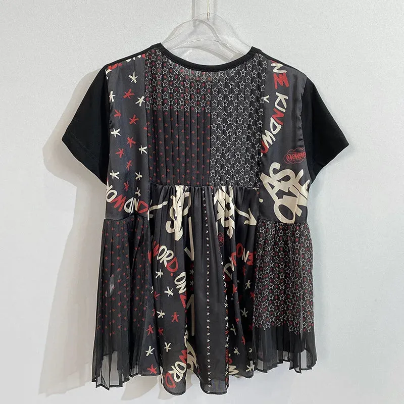 Znbbw 2024 Summer Pleated Printed Tees O Neck Short-sleeved Y2k Tops Loose Casual Ropa Mujer Hit Color Fake Two T Shirt - Image 3