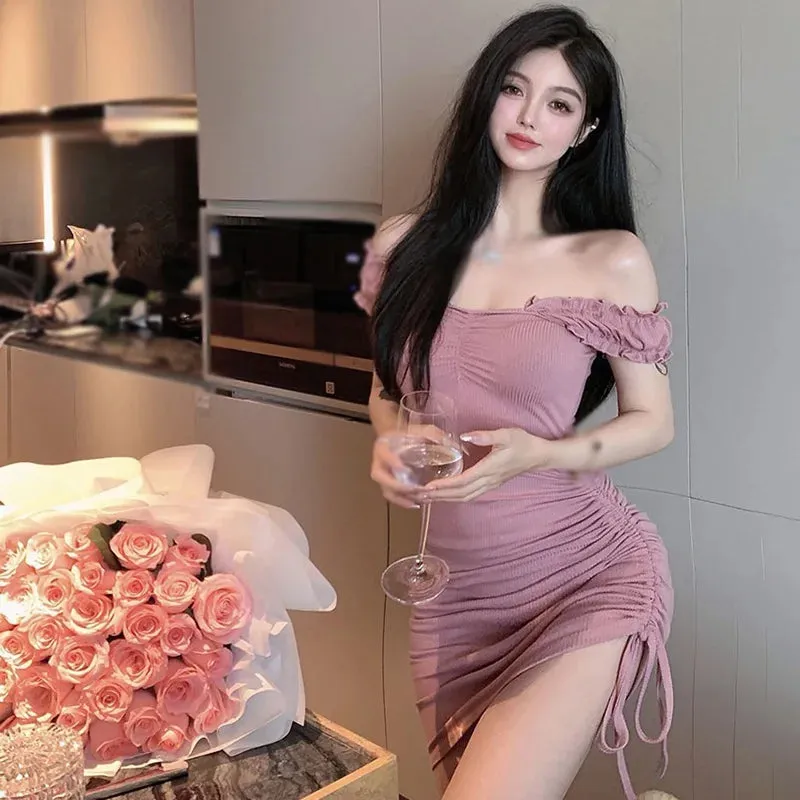 Znbbw Women's Korean Edition Dress Summer One Line Neck Slim Fit Drawstring Bubble Sleeve Sexy Short Sleeve Dress - Image 7