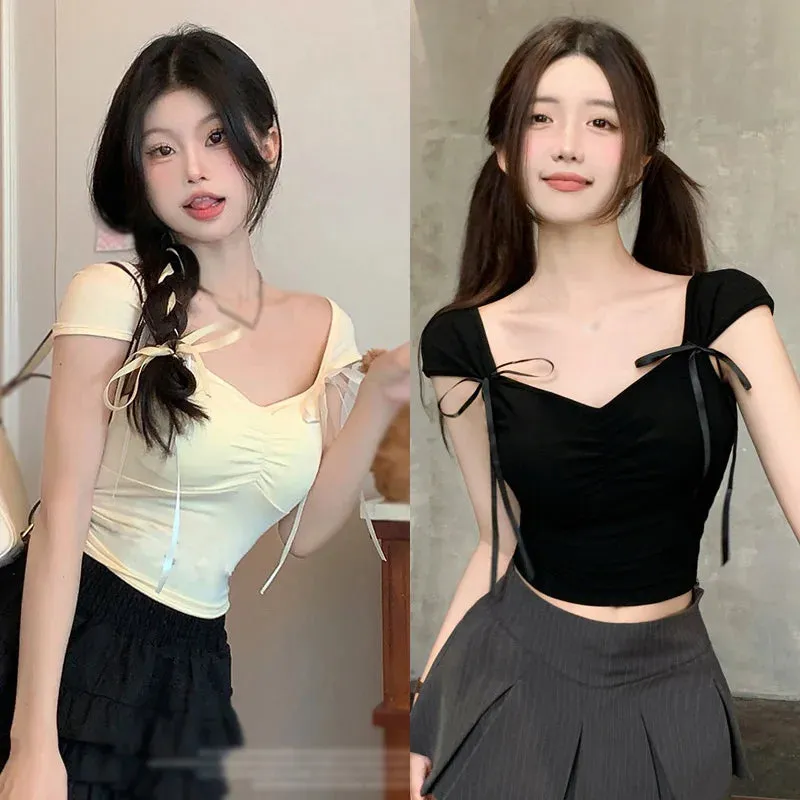 Znbbw Women's short sleeved knitwear top Strap design Sweet Short cut Slimming Slim fit Knit V-neck Vest - Image 3