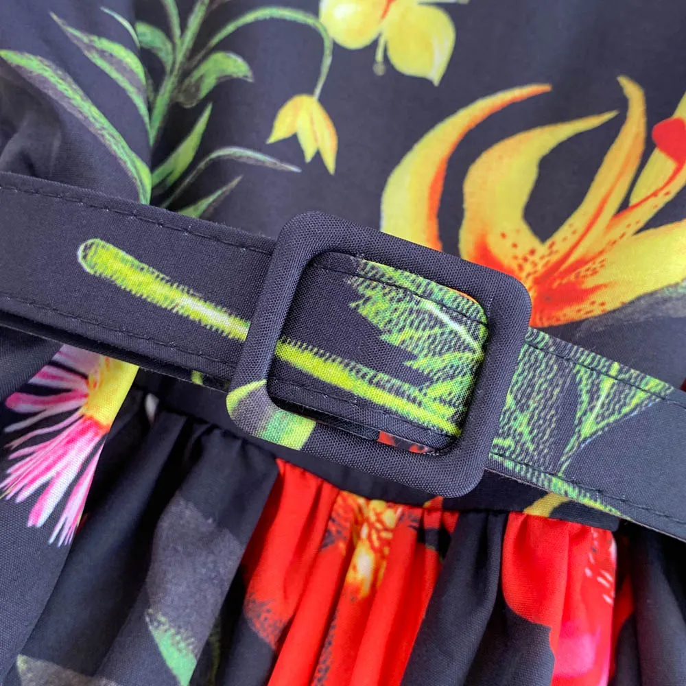 Znbbw 2023 Summer Runway O-Neck Short Sleeve Midi Dress Women Floral Print Office Lady Work One Piece Dress with Belt - Image 3