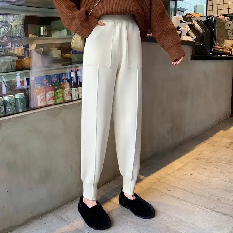Znbbw Women pants autumn and winter black casual knitted pants loose elastic spring and autumn nine points Harlan radish pencil pants