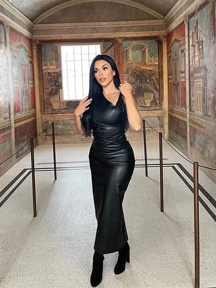 Znbbw Artificial Leather Dress Women Solid Oblique Shoulder Long Skirts Autumn Fashion Female Black Tight-fitting Dresses - Image 2