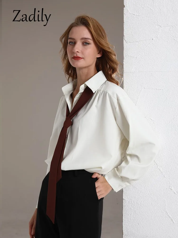 znbbw 2023 Spring Office Lady Long Sleeve Folds Women Basic Shirt Minimalist Tie Button Up Loose Woman Tunic Blouse Clothing - Image 3