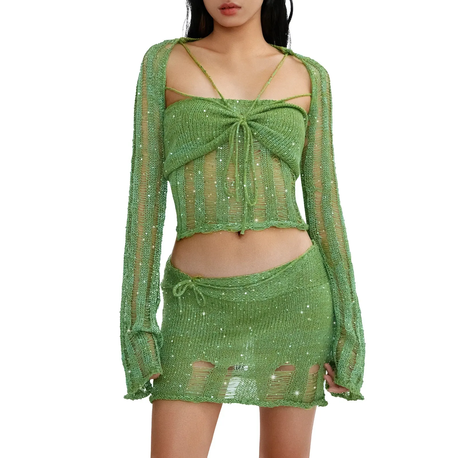 Znbbw Women Sequins Crochet Knit 2 Piece Skirts Sets Hollow Out Knitted Crop Tops Bodycon Mini Skirt Set Beach Vacation Outfits - Image 13
