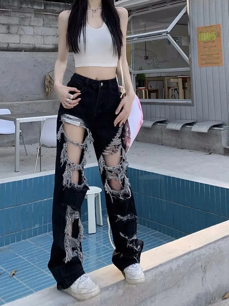 Znbbw Y2k Washed Mopping Pants Broken Hole Jeans All-Match Distressed Women High Street Hip Hop High Waist Straight Loose Trousers - Image 4