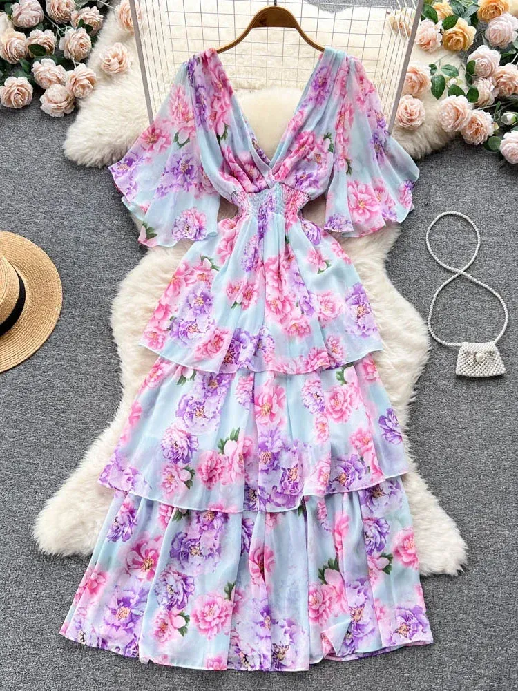 Znbbw Women Summer Dress New Style Gentle Style Short Sleeve V-neck Printed Waist Closing Cake Dress Sweet Fairy Vestidos D2548 - Image 8