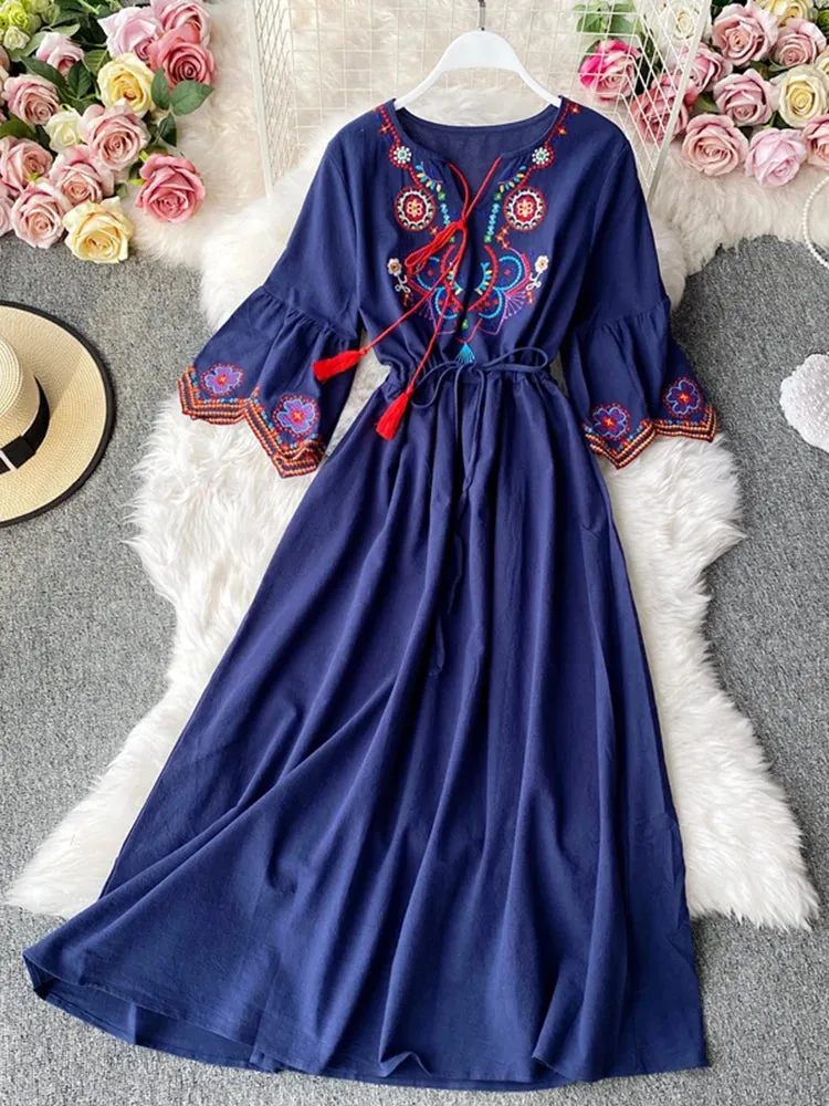Znbbw Women's Indie Folk Dress Desert Grassland Travel Cyber Celebrity Photo Modeling Embroidery Lacing Long A-line Dress Female ML866 - Image 9
