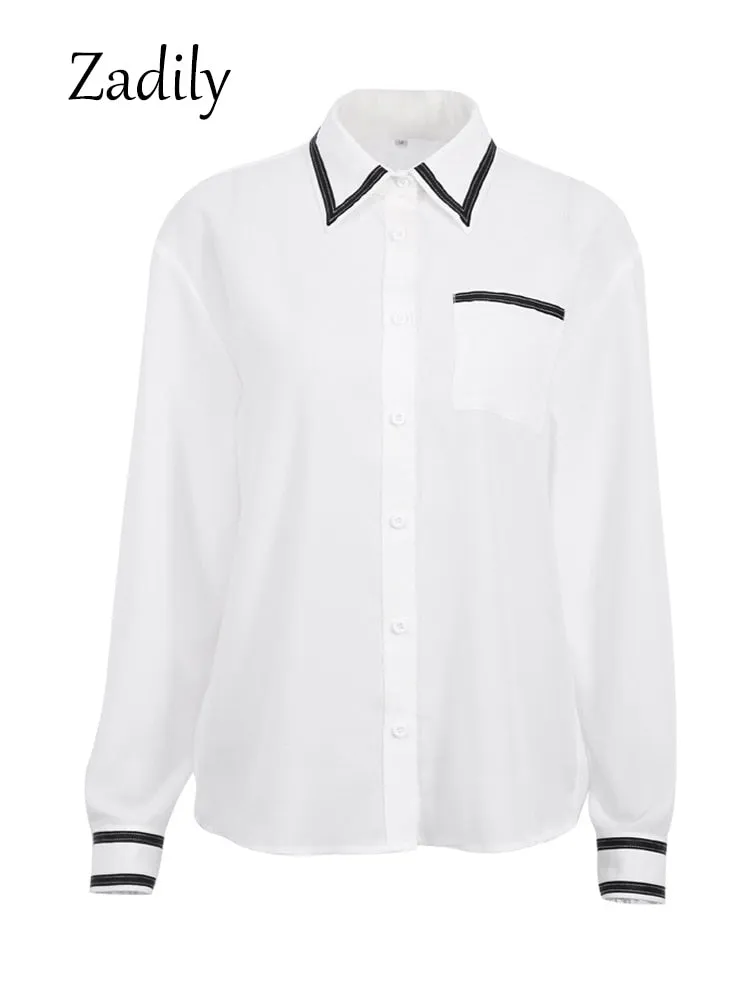 znbbw 2023 Spring Office Lady Patchwork Long Sleeve Women White Basic Shirt Korea Style Button Up Woman Blouse Work Female Tops - Image 3