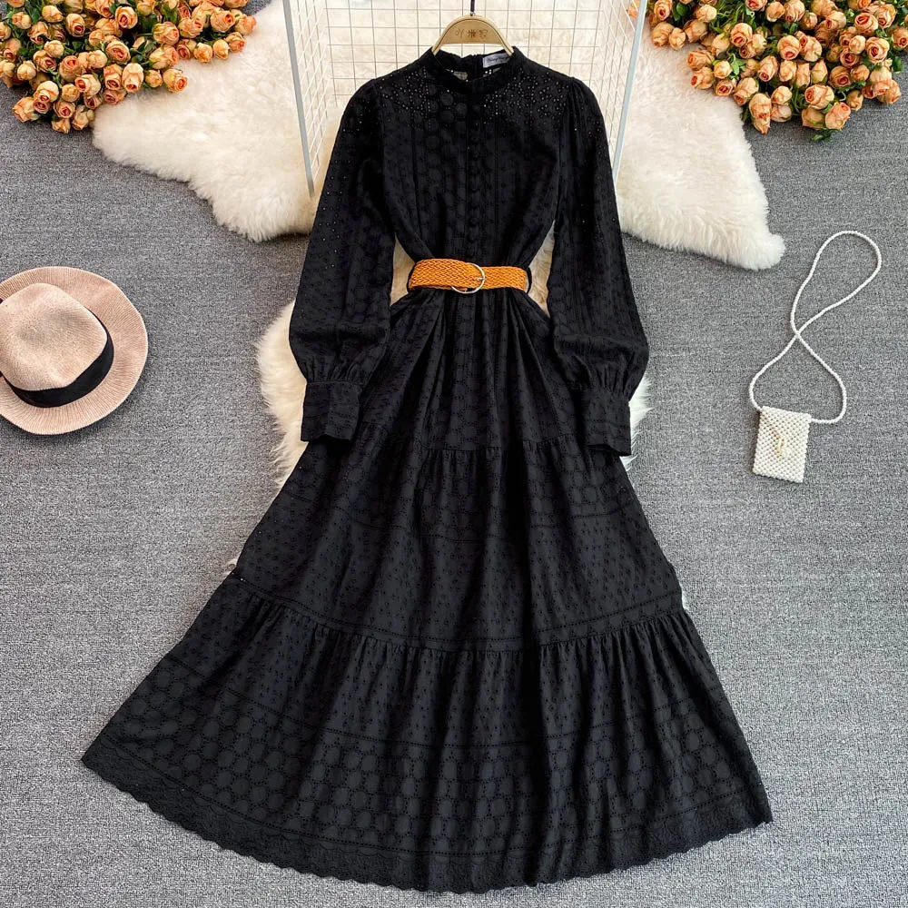 Znbbw 2023 Spring Embroidery Long Dress Women White Black Green Hollow Out Single Breasted Long Sleeve Ladies Party Dress - Image 2