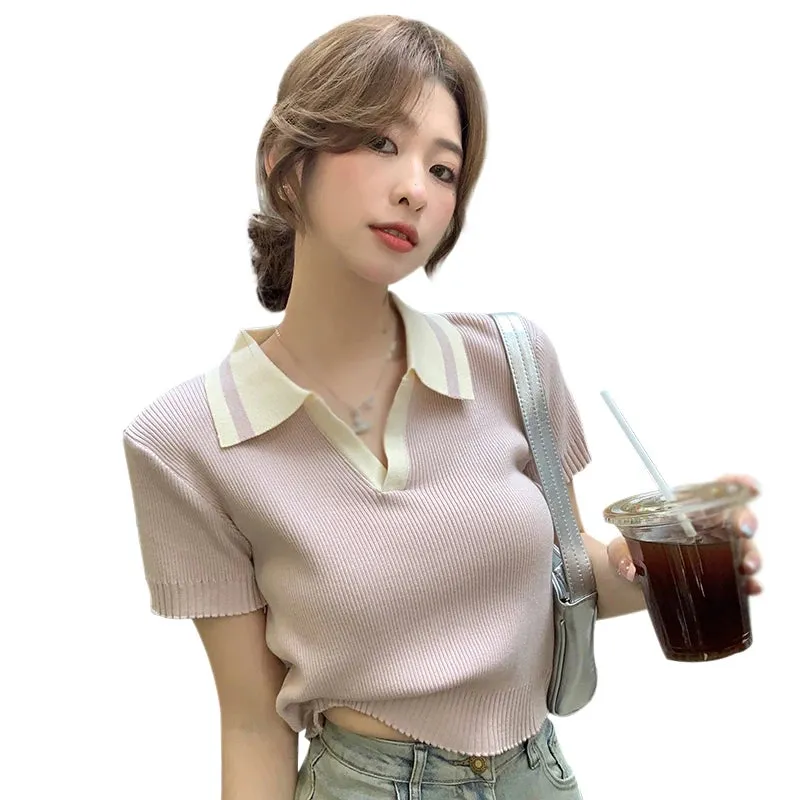 Znbbw Women's Tops Korean Version Contrast Color Turndown Collar Casual  Versatile Short-Sleeved  Tee T Shirt - Image 3