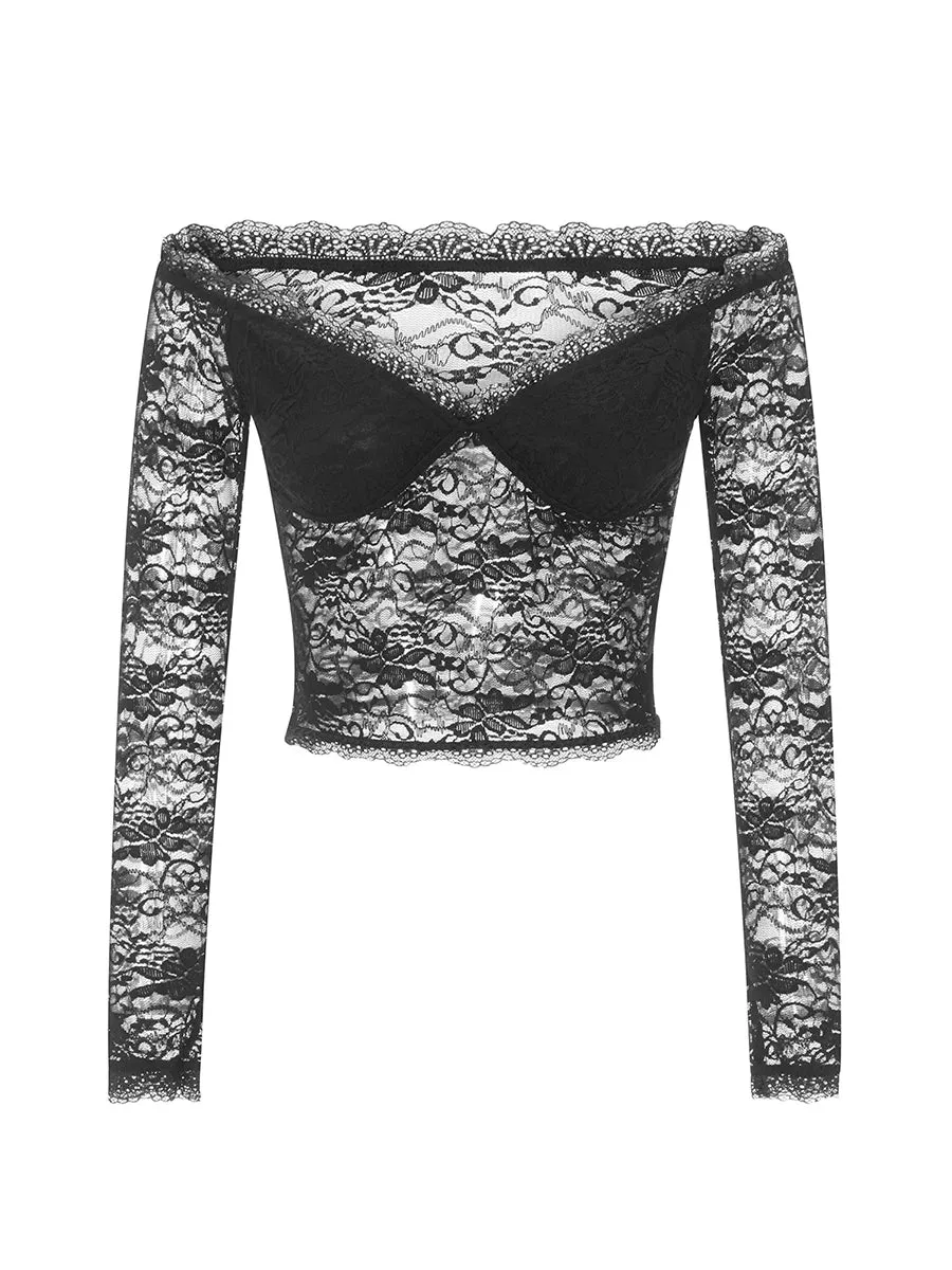Znbbw Women's Off Shoulder Lace Sheer Crop Tops Spring Fall See-Through Long Sleeve Low Cut Slim Fit Short T-Shirts Basic Tees - Image 2