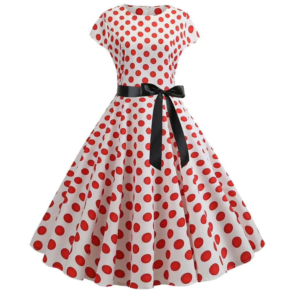 Znbbw Women Vintage 1950s 60s Polka Dot Print High Waist A-line Swing Party Dress Retro Short Sleeve With Belt Evening Prom Dress - Image 3