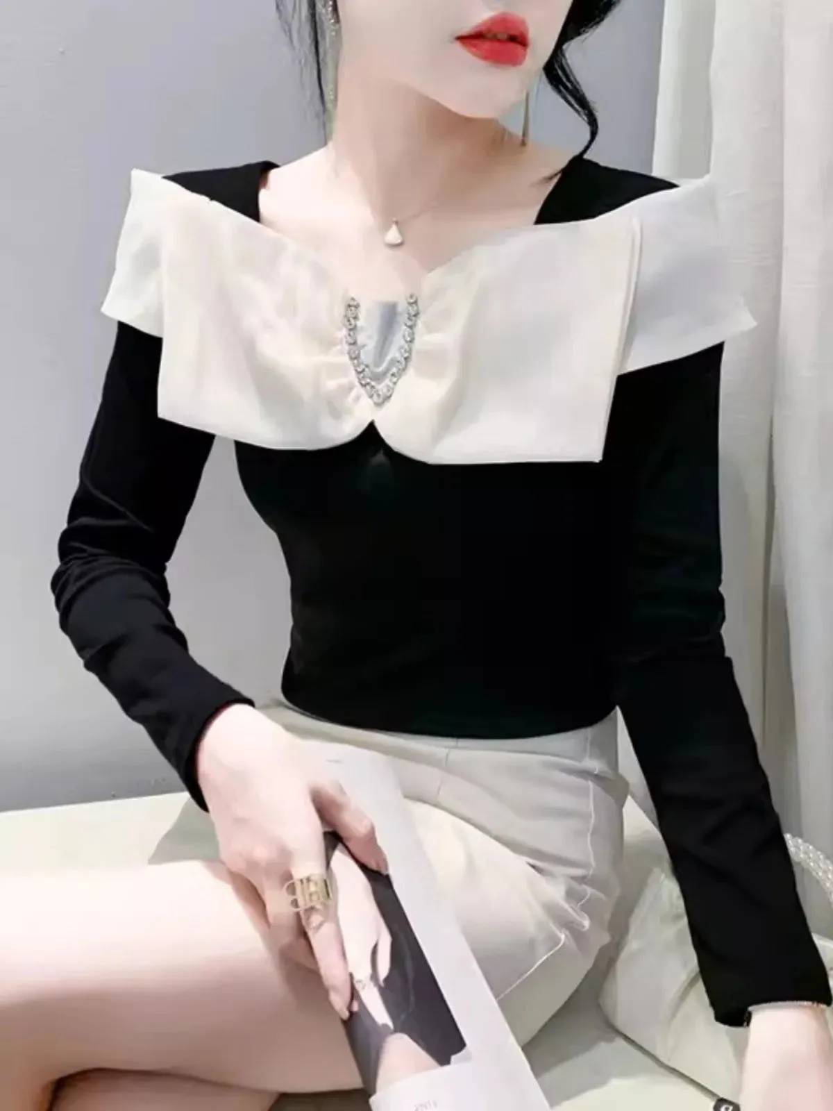 Znbbw Autumn Cotton T-shirt Women's Beading Bowknot Slash Collor TShirts Female Fashion Slim Top HF3011 - Image 3