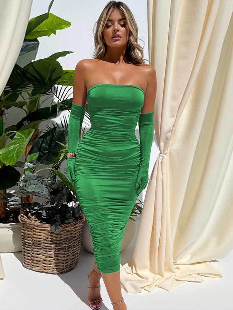 Znbbw Eelegant Off-shoulder With Sleeve Midi Dress Women Robe Fashion Strapless Backless Bodycon Long Dress Vestido Clubwear - Image 2