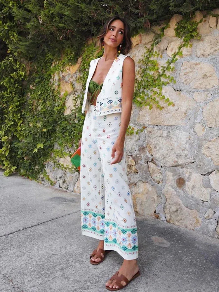 Znbbw 2 Pcs Pants Women Set Outfits Autumn Linen Cotton Printed Boho Vest+pants Wide Leg Long Pants Set Pockets Vintage Set - Image 3