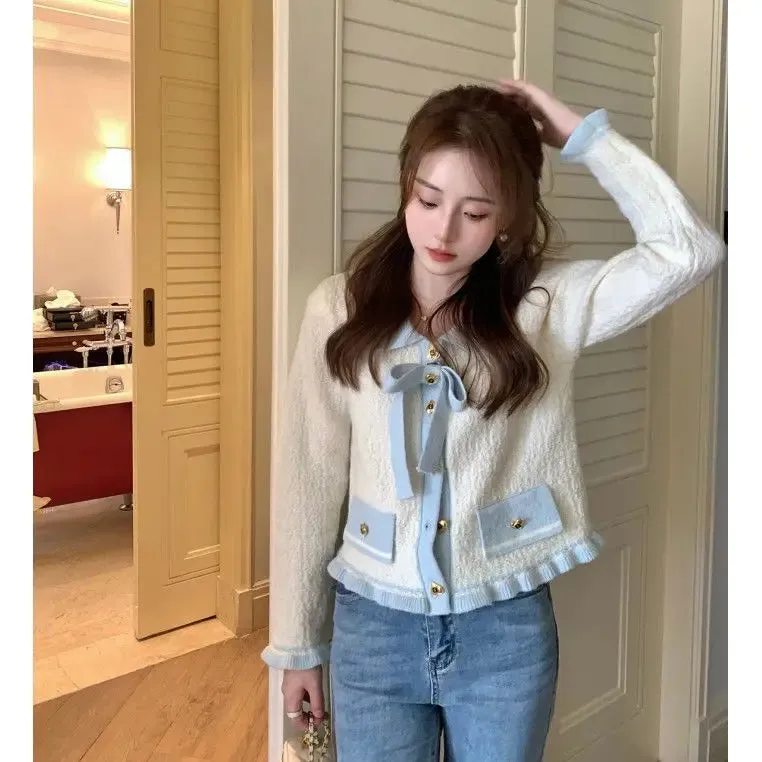 Znbbw Ear Edge Color Contrast Bowknot Sweater Cardigan Women Autumn and Winter 2024 Foreign Small Fragrant Long Sleeve Cardigan - Image 4