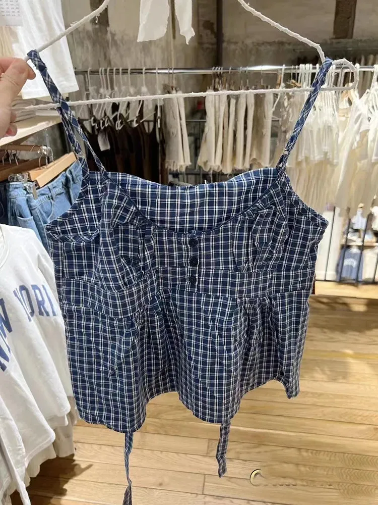 Znbbw Women Vintage Plaid Button Camis Top Cute Preppy Style Sleeveless Lace-up Cotton Tank Tops Female Casual Sweet Summer Vests 2024 - Image 5