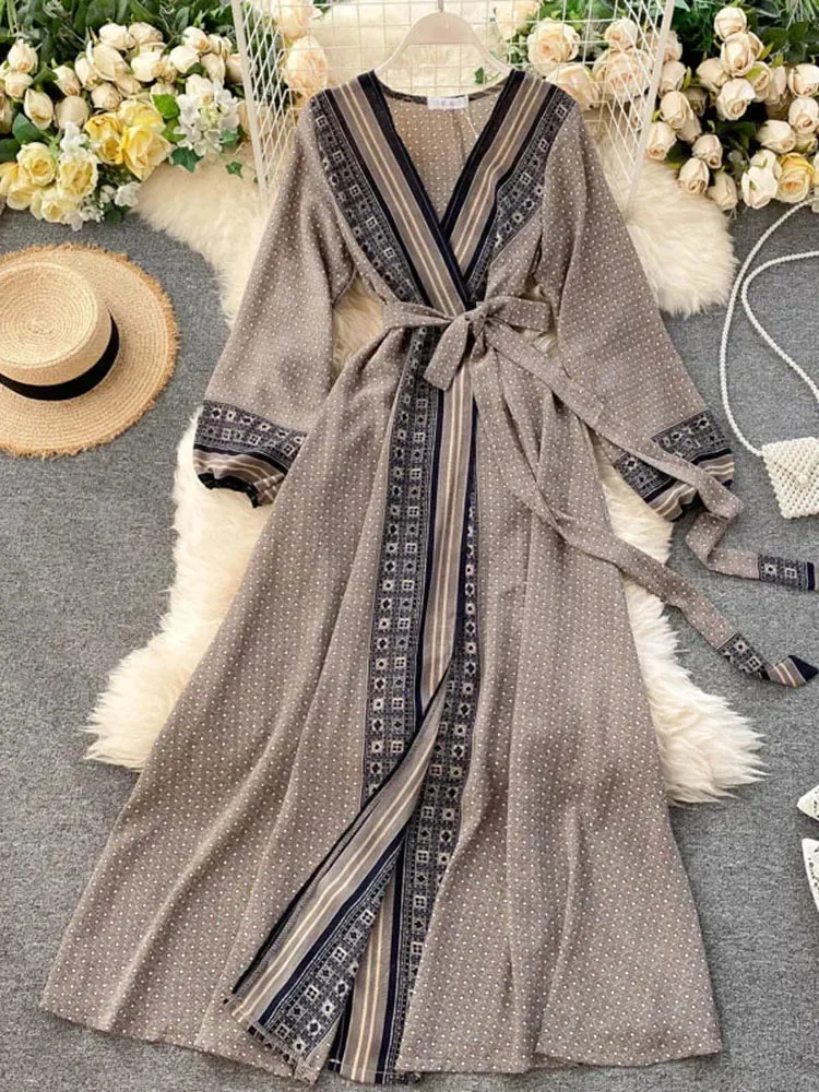 Znbbw Autumn Women's Holiday Dress 2024 New Thin Chiffon Retro Print Lace-up Waist Slim Long Dress for Women LL975 - Image 7