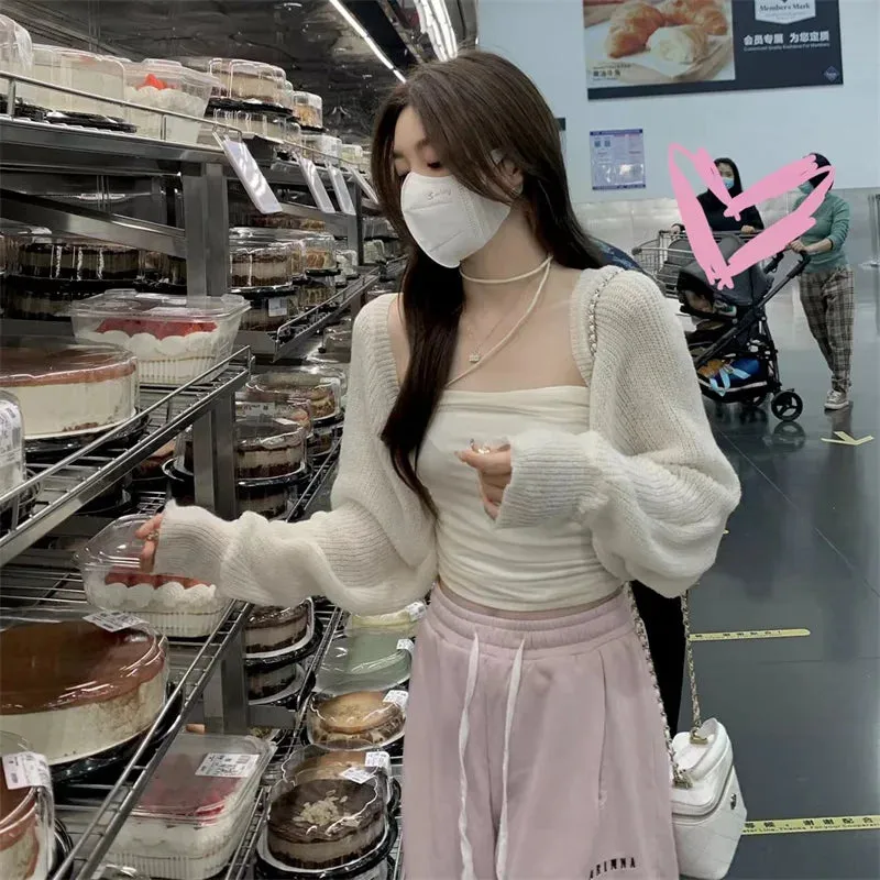 Znbbw Women Spring Summer Soft Sweaters Cardigans Lady Solid Shawl Female Long Puff Sleeve Short Knitted Coat - Image 5