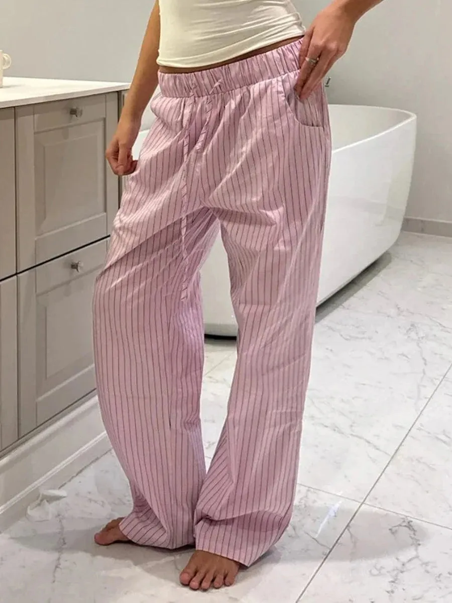 Znbbw Women's Vintage Comfy Casual Stripe Print Pants Drawstring Elastic Waist Loose Pants Trousers 2000s Aesthetic Bottoms Streetwear