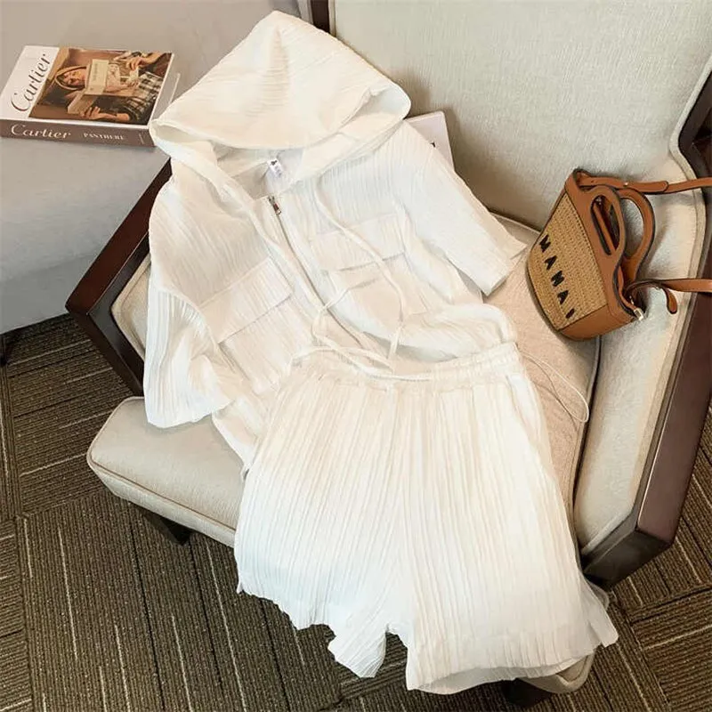 znbbw Women Summer Casual Solid Sports Sets Short Sleeve Hooded Pocket Tops+Loose Shorts White Simple Gym 2 Piece Suits Sportswear - Image 5