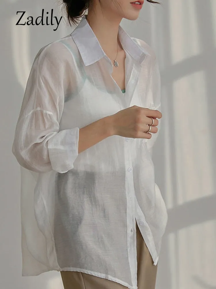 znbbw 2023 Summer Long Sleeve Chiffon White Shirt Women Transparent Button Sun Protection Ladies Blouse Beach Female Clothing - Image 6