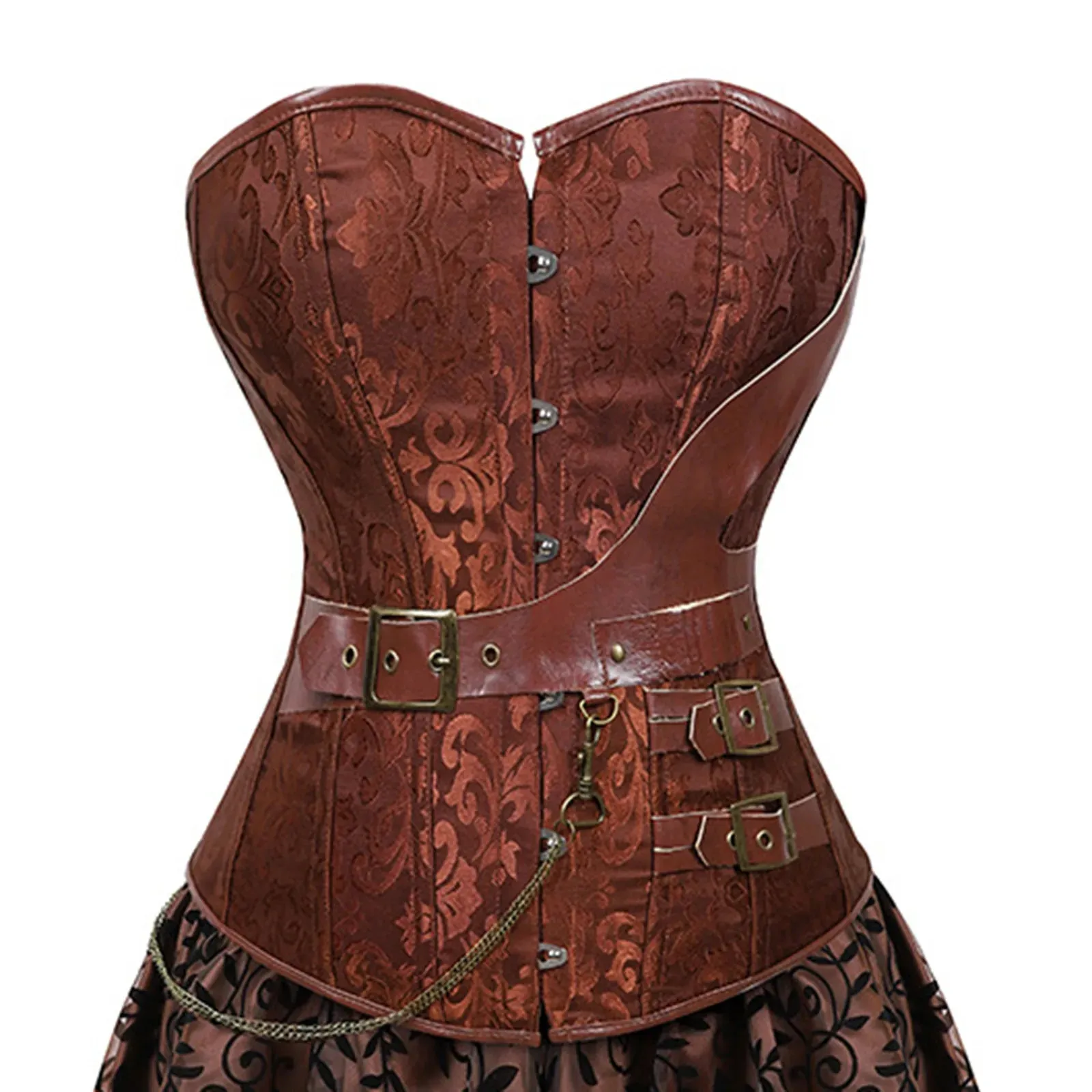 Znbbw Women`s European Steampunk Pirate Costume Women Corset Dress Skirt Lace Up Plus Size Brown Zipper Faux Leather Corset Dress - Image 2