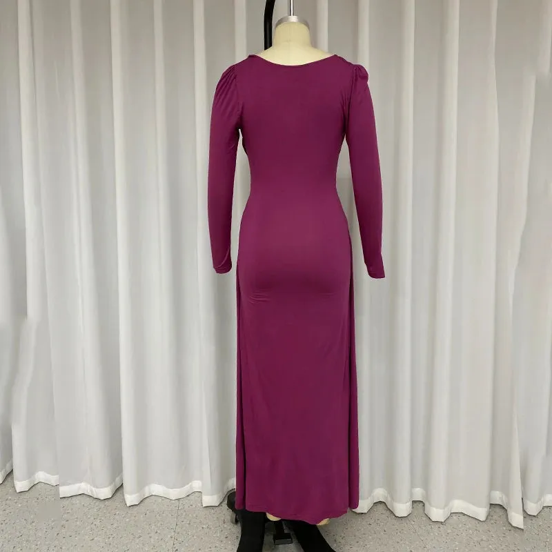 Znbbw Women Maxi Dress Summer Fashion Solid V Neck Slit Long Sleeve Pleated Nipped Waist Slim Sexy Evening Party Long Dresses - Image 5