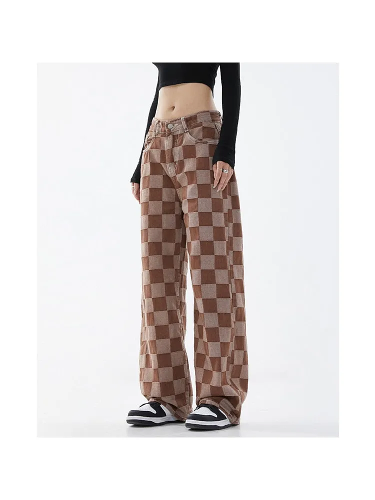 znbbw Women's Casual Vintage Plaid Wide Leg High Waist Jeans Pants 2023 Spring Hip Hop Streetwear Loose Straight Denim Trousers - Image 3