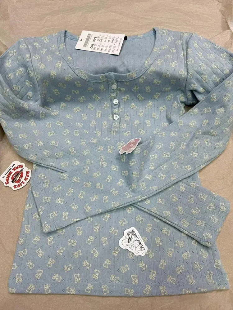 Znbbw Bear Print Eyelet Casual Long Pants Women Clothes Cotton Elastic Waist Home Trousers Vintage Cute Autumn Straight Pants - Image 10