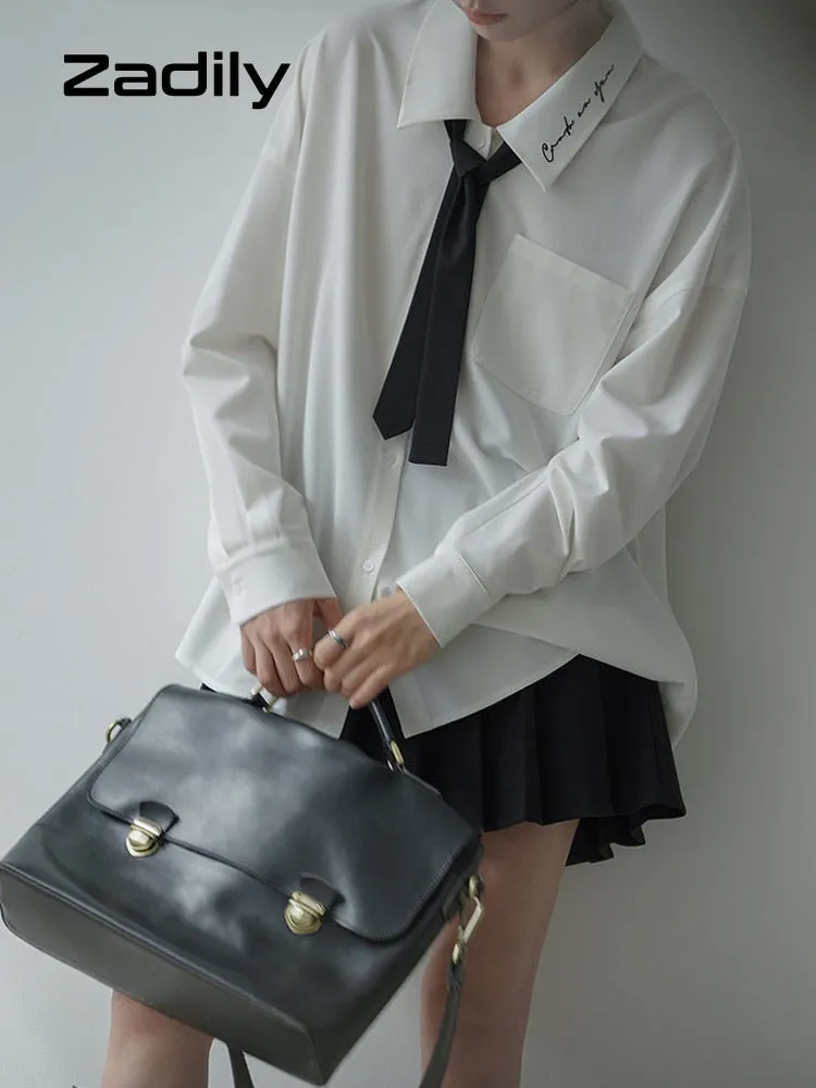 znbbw 2023 Spring Minimalist Long Sleeve Embroidery Shirt Women Korean Style Solid Tie Oversize Shirts Blouse Loose JK Tops - Image 5