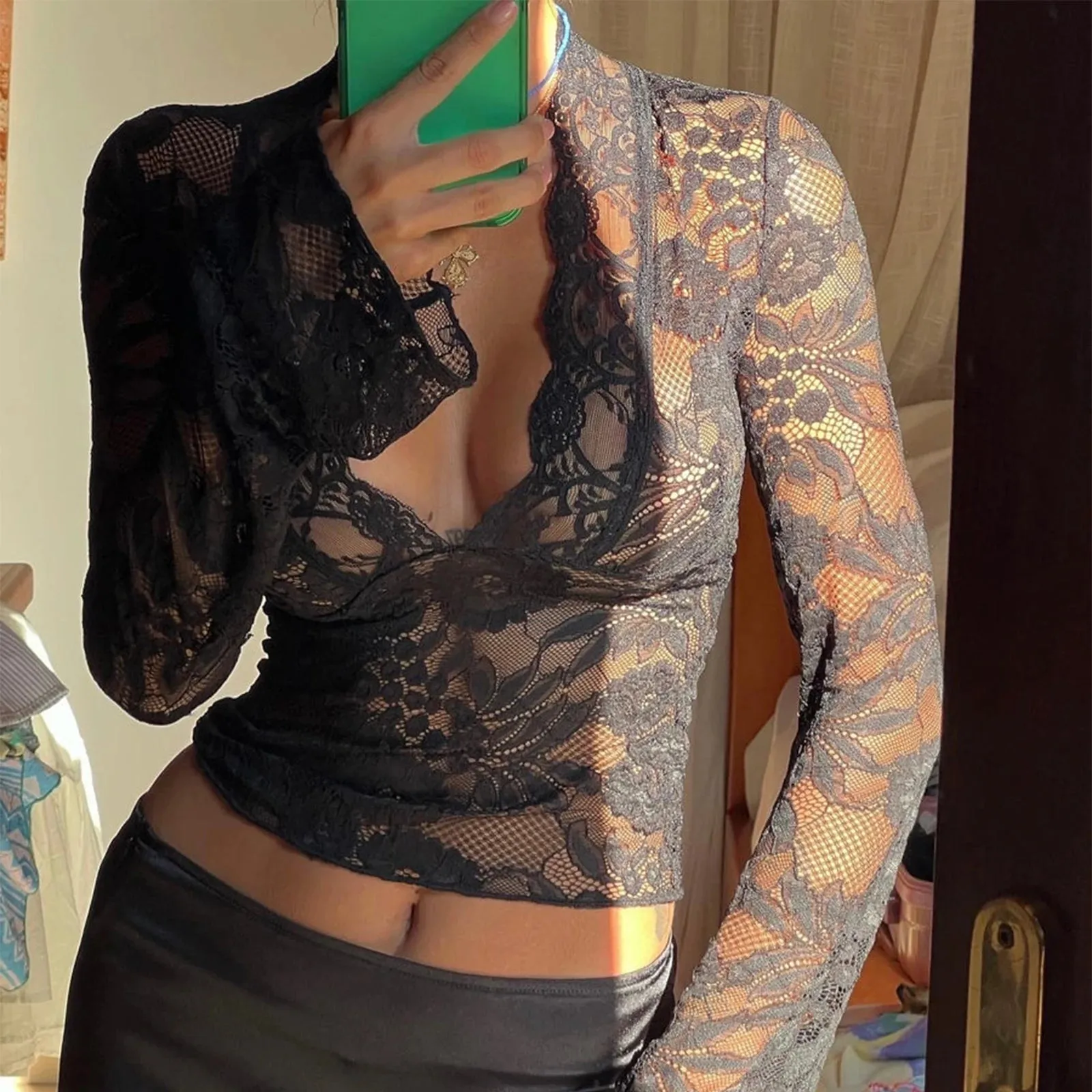 Znbbw Women Vintage y2k Lace Trim See Through Tees Long Sleeve Fairy Grunge T-Shirts Aesthetic Slim Fit Crop Tops Harajuku Clothes - Image 3