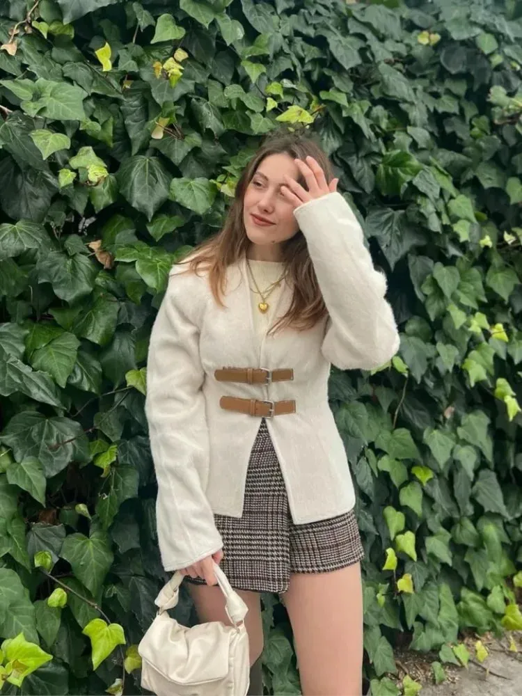 Znbbw Woolen V-neck Jacket Women 2024 Spring Summer Solid Temperament Slim Long Sleeve Buckle Coats Elegant Lady Office Overcoat - Image 5