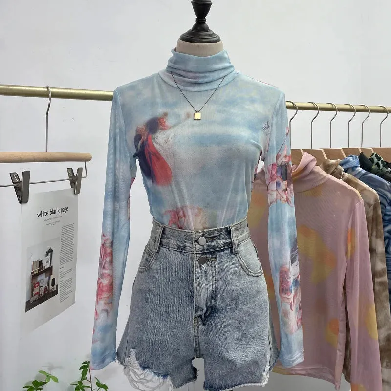 Znbbw Autumn Single-Layer Mesh Base T Shirt Girls Printed Full Sleeve Turtleneck Tees Slim Women See Through Tshirts - Image 10
