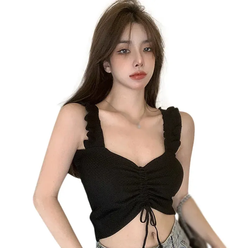 Znbbw Women's Korean V-neck Tank Top Drawstring Slim Fit Sexy Open Umbilical Knitted Strap Tank Top - Image 8