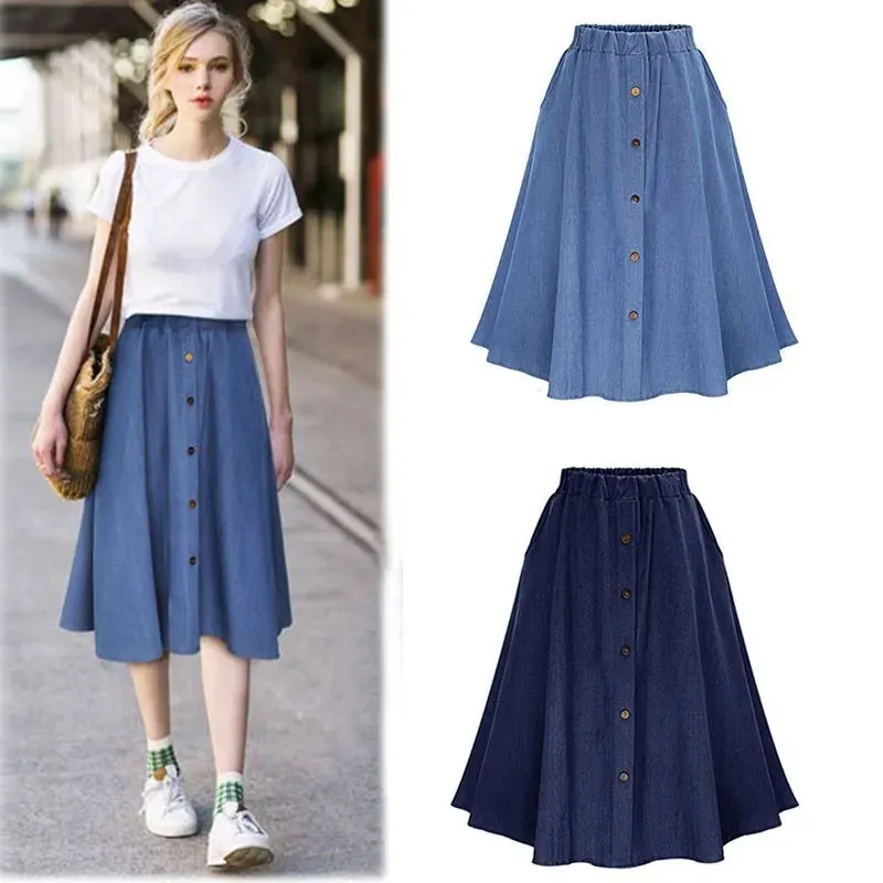 Znbbw Women's High Waist Button Pleated Midi Skirt With Elastic Waist Knee Length Skirt - Image 3