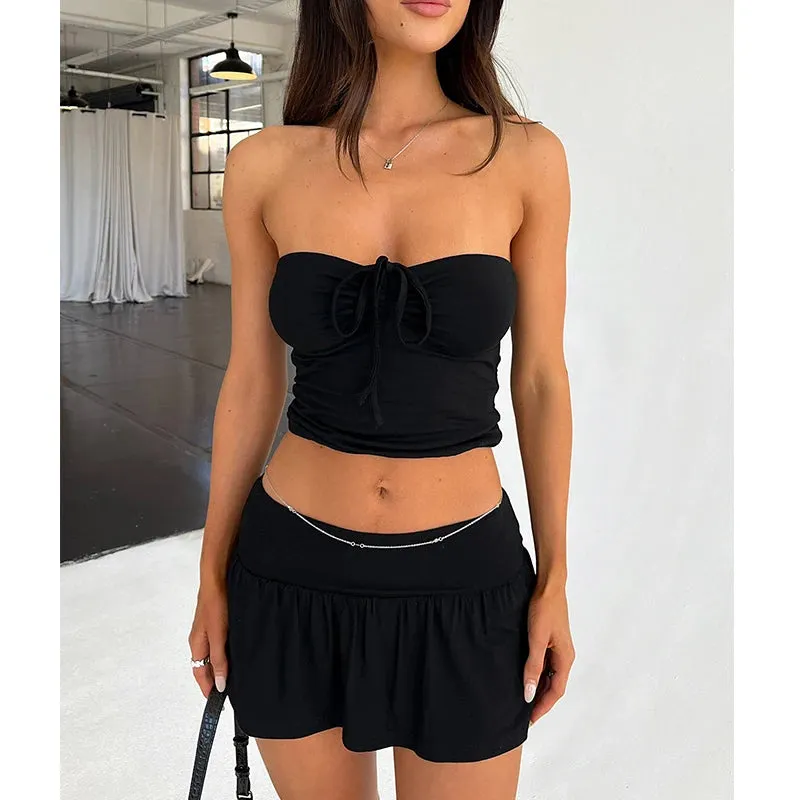 Znbbw Women Summer y2k Solid 2 Piece Outfits Sleeveless Backless Drawstring Crop Tops Bodycon Mini Skirts Party Club Vacation Outfits - Image 2