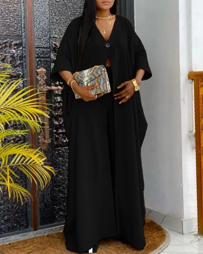 Znbbw Women Printed Pant Sets Summer Loose High Split Top Sundress High Waist Flare Wide Leg Pants Set Female Casual Two Pieces Set - Image 3