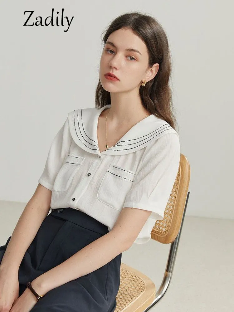 znbbw 2023 Summer French style Short Sleeve White Shirt Women Sailor Collar Solid Button Blouse Work Female Clothing Tops - Image 4