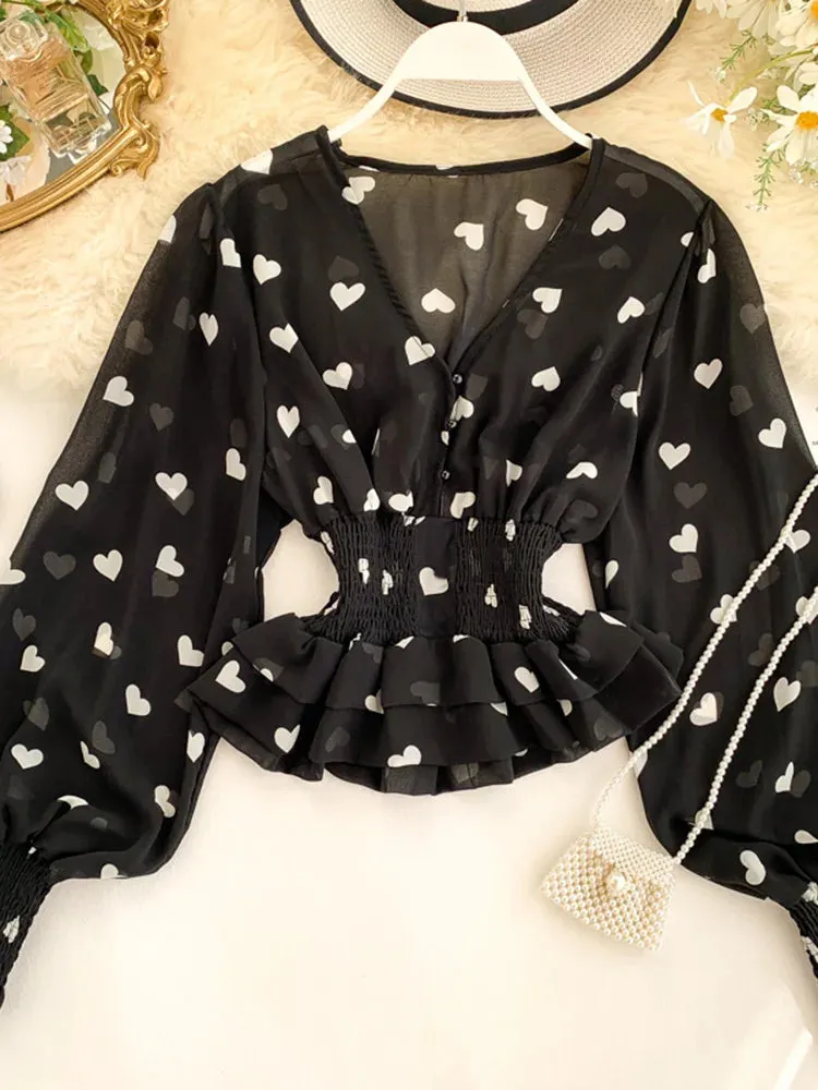 Znbbw Women's Love Print Chiffon Shirt Top Spring Autumn V-neck Puff Sleeve Elastic Waist Double-layer Ruffled Tops and Blouses ML702 - Image 7