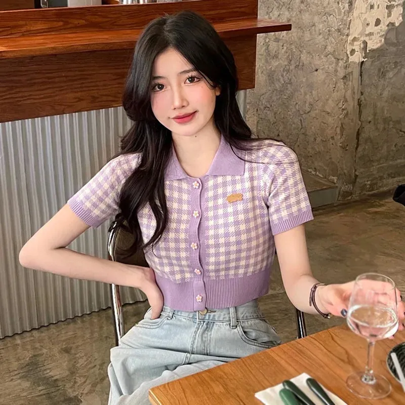 Znbbw Women's Short Sleeves Cardigan Single-breasted Lapel Short Knitted T-shirt - Image 3