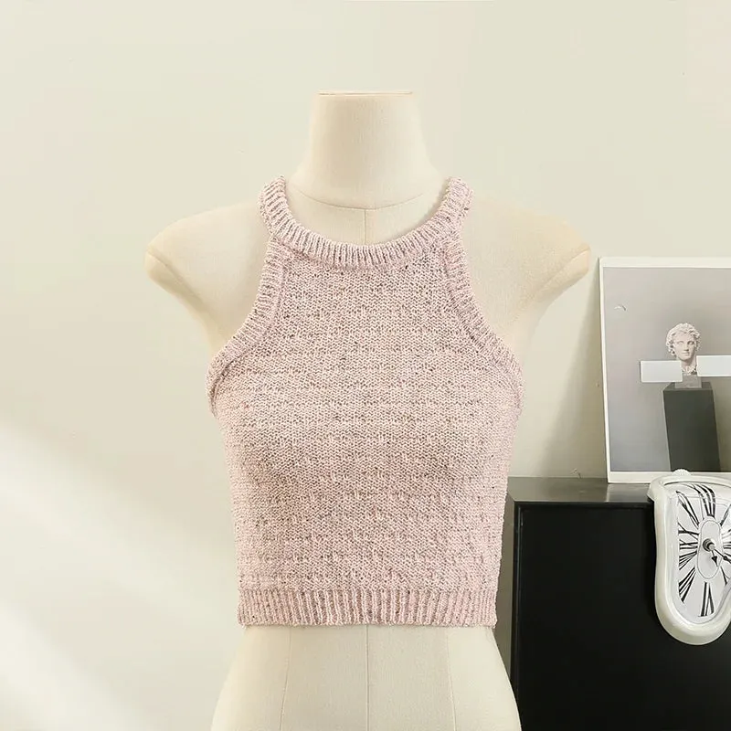 Znbbw Women Halter Collar Tank Crop Tops Female Sleeveless Short Knitted T-Shirt Stretchy Camisole Tees for Slim Girls - Image 2