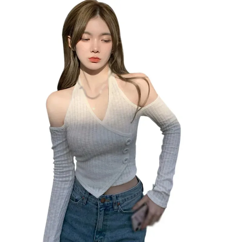 Znbbw Women's Solid Color Off The Shoulder Crop Top Slim Fit Sexy Base Shirt Long Sleeve Sexy Casual T Shirt - Image 2