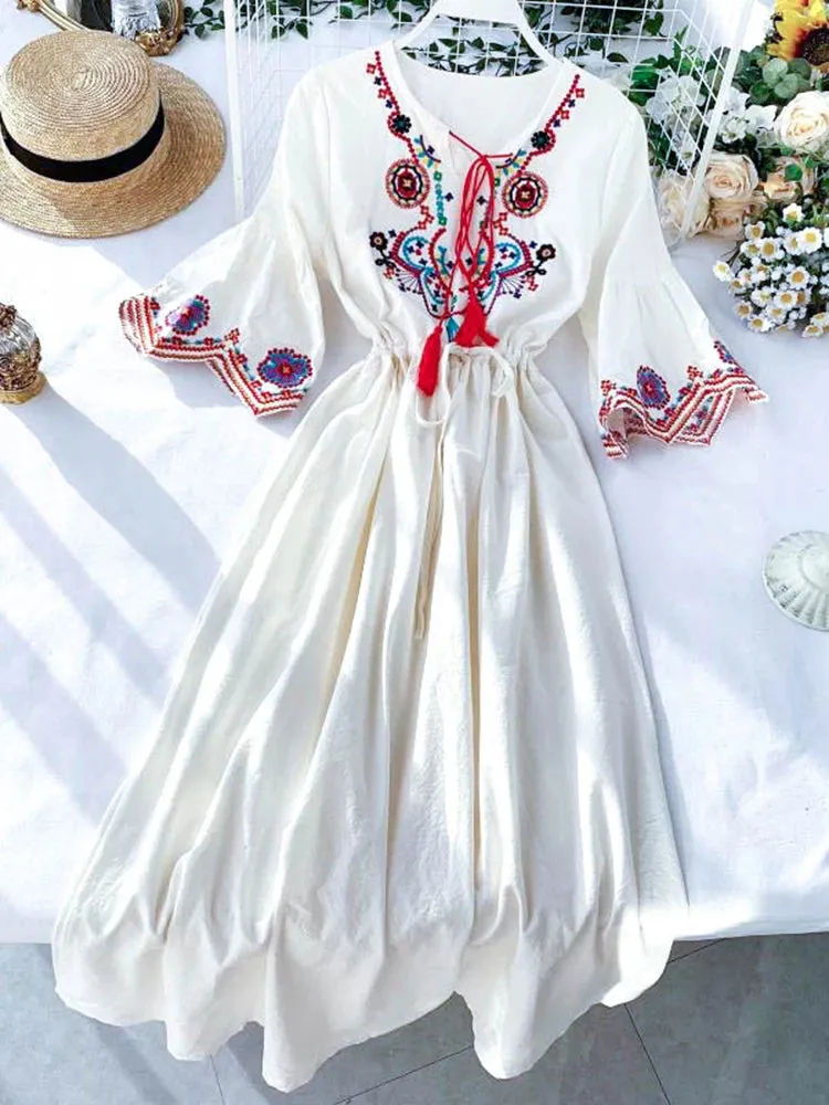 Znbbw Women's Indie Folk Dress Desert Grassland Travel Cyber Celebrity Photo Modeling Embroidery Lacing Long A-line Dress Female ML866 - Image 8