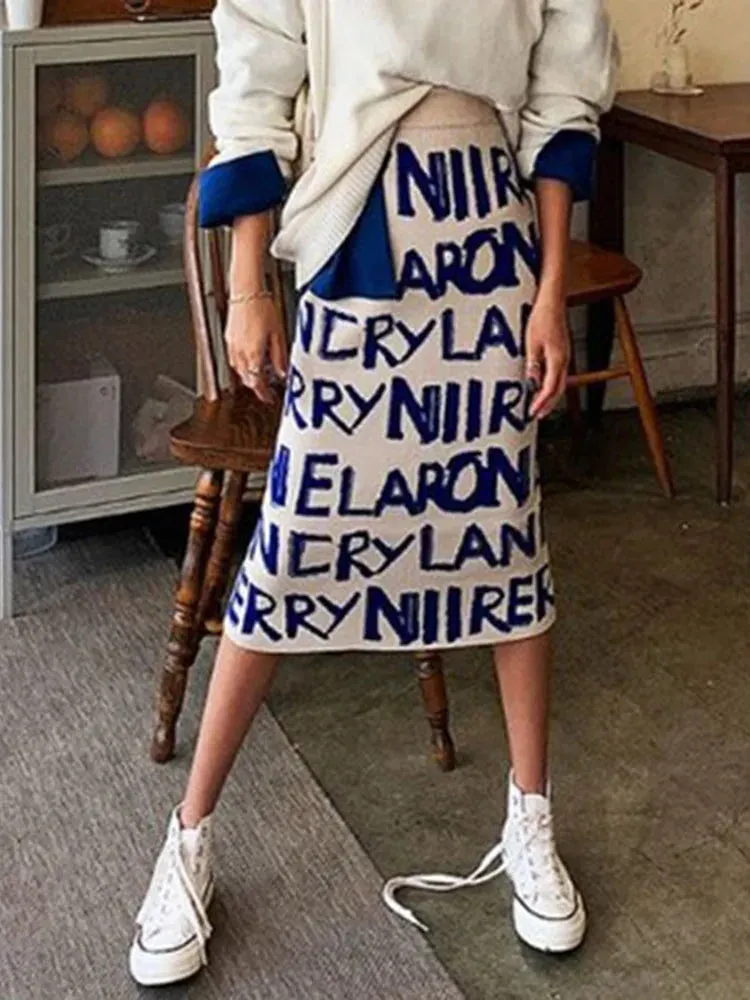 Znbbw Women's Letter Knit Skirt Autumn Winter New High Waist Split Straight Office Lady Long Warm Step Faldas ML297 - Image 2