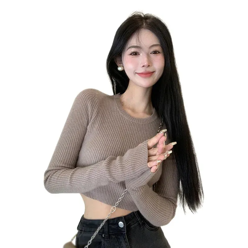 Znbbw Women's Sweater Base Sweater Versatile Round Neck Knit Sweater Slim Fitting Short Top Sweater - Image 9