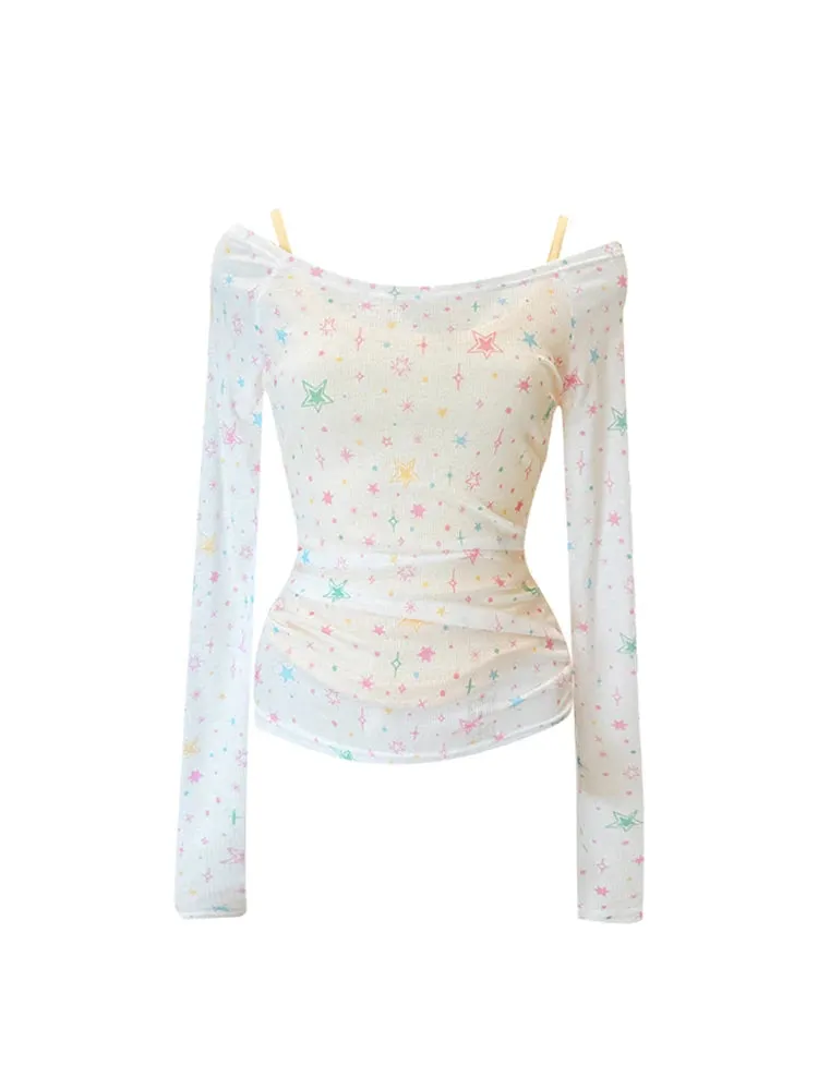 Znbbw Women White Star Print T-shirt Harajuku Korean Y2k Tee Top 90s Aesthetic 2000s Fashion Vintage Slim Fashion T-shirt Clothes 2024 - Image 2