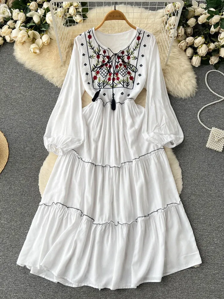 Znbbw Women Spring Autumn Dress Seaside Holiday Embroidered Round Neck French Waist Beautiful White Midit Vestidos D1693 - Image 2