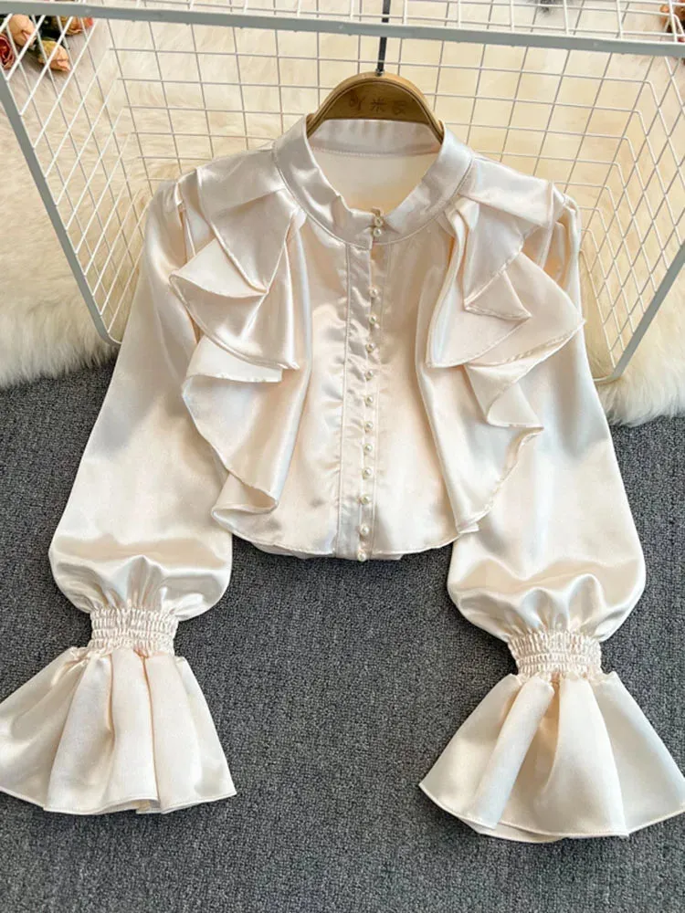 Znbbw Women New Spring Autumn Ruffled O-Neck Embroidered Flares Blouses Buttoned Ladies Temperament Trumpet Sleeves Shirt Tops D0489 - Image 9